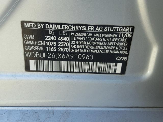 WDBUF26JX6A910963 - 2006 MERCEDES-BENZ E 320 CDI SILVER photo 10