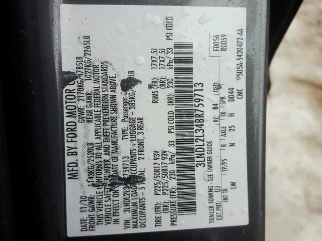 3LNDL2L34BR759713 - 2011 LINCOLN MKZ HYBRID CHARCOAL photo 10