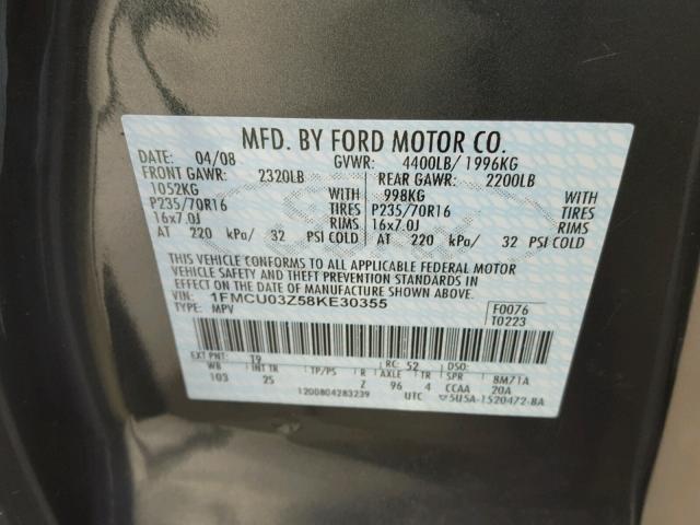 1FMCU03Z58KE30355 - 2008 FORD ESCAPE XLT BLACK photo 10