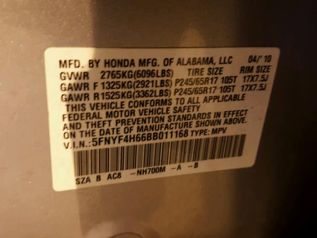 5FNYF4H66BB011168 - 2011 HONDA PILOT EXL SILVER photo 10