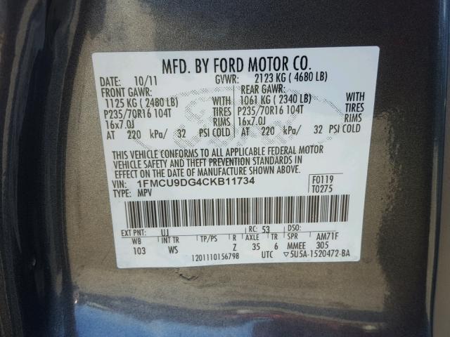 1FMCU9DG4CKB11734 - 2012 FORD ESCAPE XLT GRAY photo 10