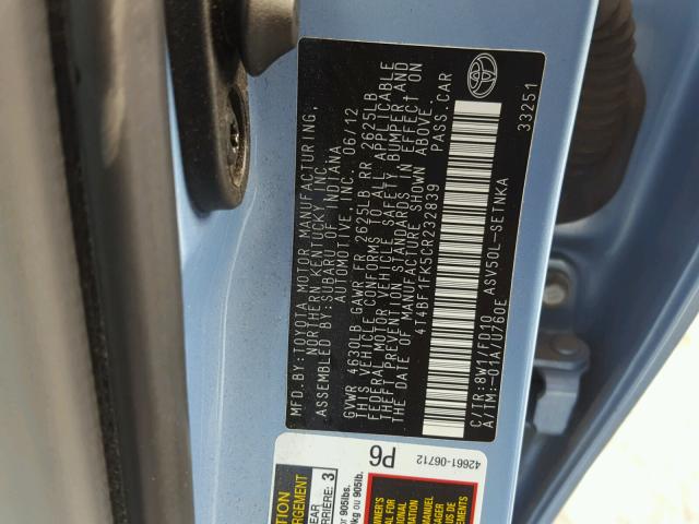 4T4BF1FK5CR232839 - 2012 TOYOTA CAMRY BASE BLUE photo 10