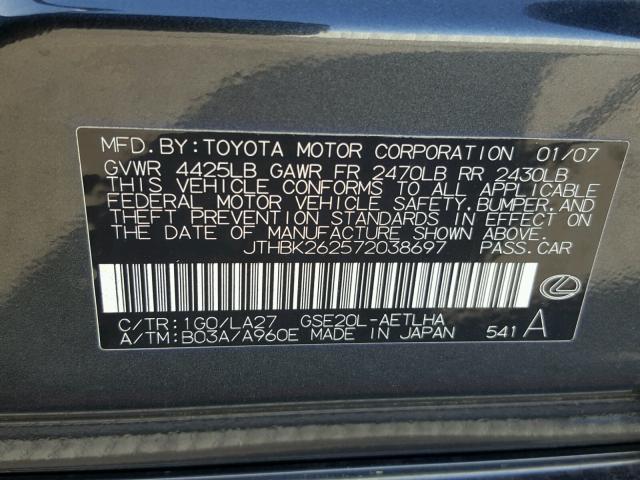 JTHBK262572038697 - 2007 LEXUS IS 250 CHARCOAL photo 10