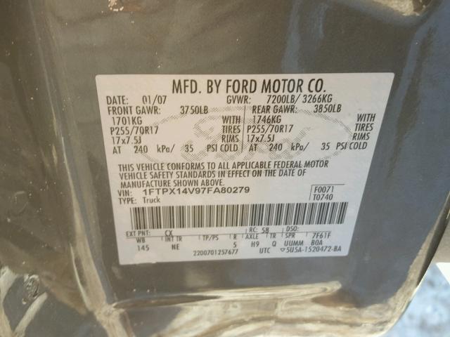 1FTPX14V97FA80279 - 2007 FORD F150 GRAY photo 10