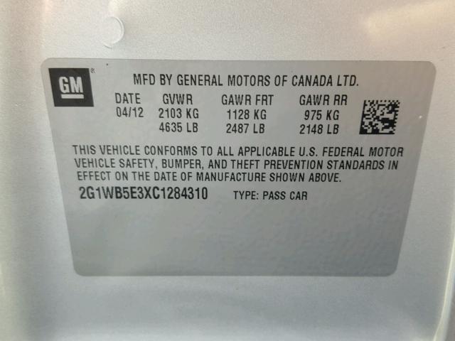 2G1WB5E3XC1284310 - 2012 CHEVROLET IMPALA LT SILVER photo 10