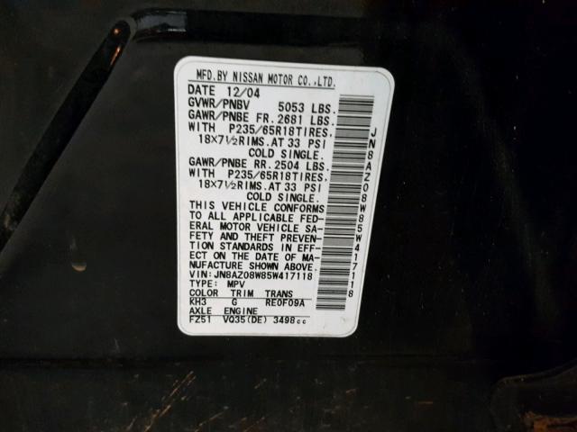 JN8AZ08W85W417118 - 2005 NISSAN MURANO SL BLUE photo 10