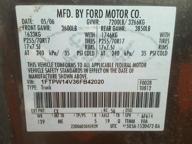 1FTPW14V36FB42020 - 2006 FORD F150 SUPER CHARCOAL photo 10