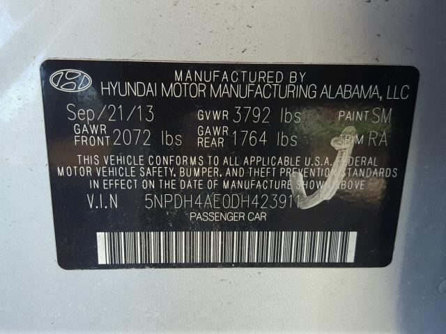 5NPDH4AE0DH423911 - 2013 HYUNDAI ELANTRA GL GRAY photo 10