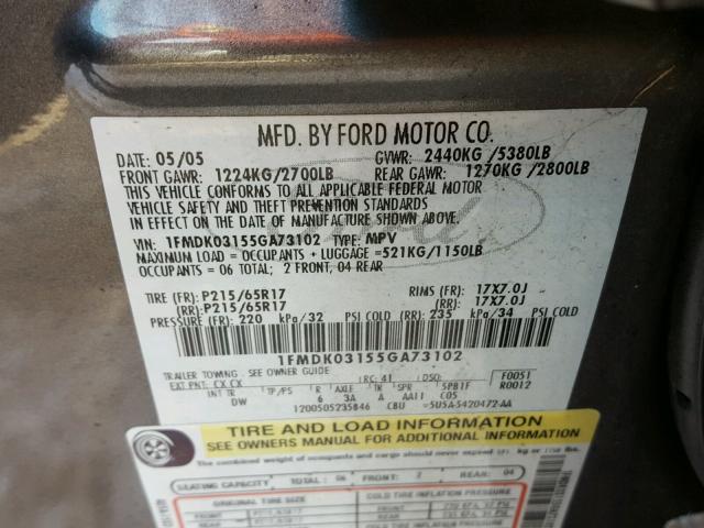 1FMDK03155GA73102 - 2005 FORD FREESTYLE GRAY photo 10