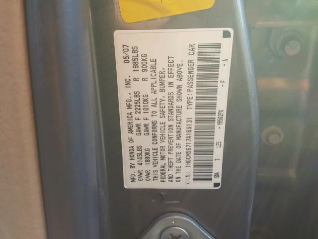 1HGCM56717A169131 - 2007 HONDA ACCORD EX GRAY photo 10