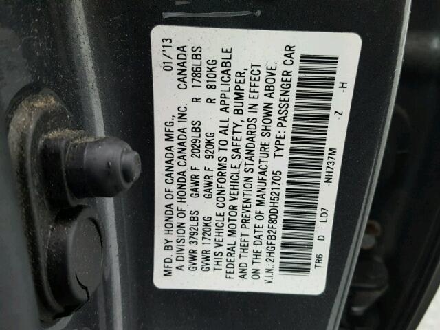 2HGFB2F80DH521705 - 2013 HONDA CIVIC EX ნაცრისფერი ფოტო 10