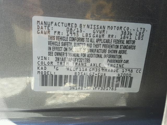 3N1AB7AP4FY321785 - 2015 NISSAN SENTRA S GRAY photo 10