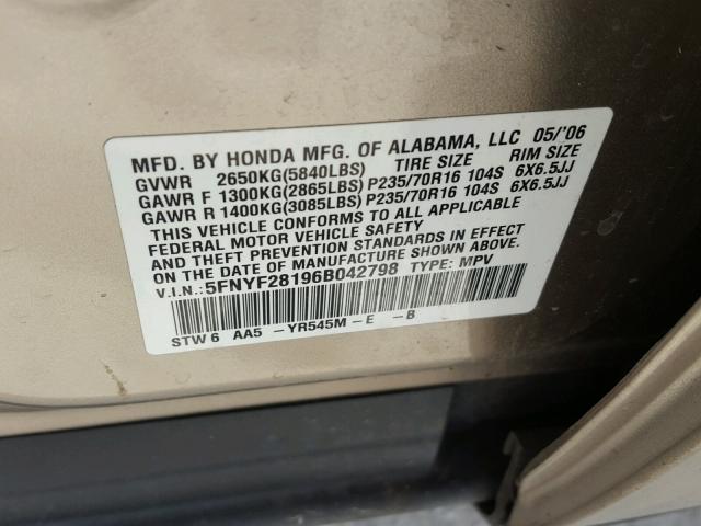 5FNYF28196B042798 - 2006 HONDA PILOT LX GOLD photo 10