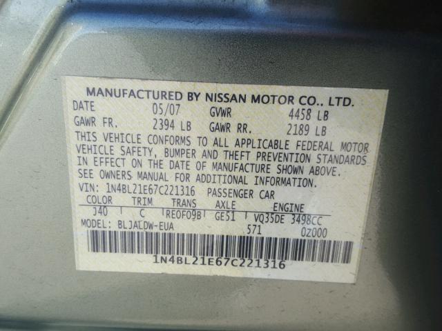 1N4BL21E67C221316 - 2007 NISSAN ALTIMA 3.5 GREEN photo 10