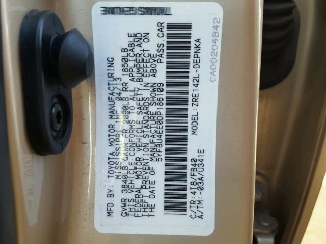 5YFBU4EE0DP186109 - 2013 TOYOTA COROLLA BA BEIGE photo 10