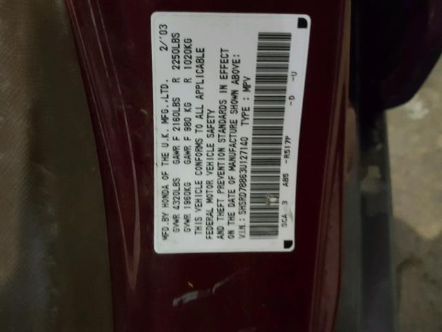 SHSRD78863U127140 - 2003 HONDA CR-V EX RED photo 10