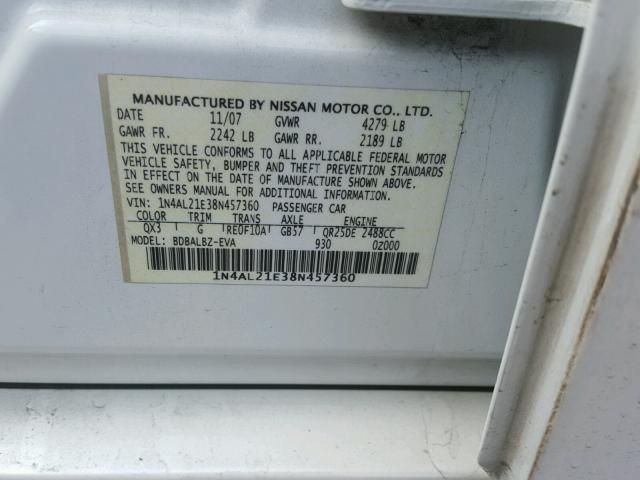 1N4AL21E38N457360 - 2008 NISSAN ALTIMA 2.5 WHITE photo 10