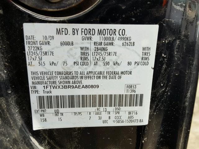 1FTWX3BR9AEA80809 - 2010 FORD F350 SUPER BLACK photo 10