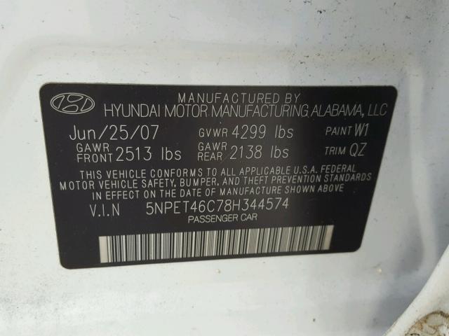 5NPET46C78H344574 - 2008 HYUNDAI SONATA GLS WHITE photo 10