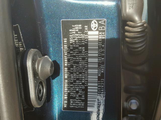 5YFBURHE7HP714551 - 2017 TOYOTA COROLLA L BLUE photo 10