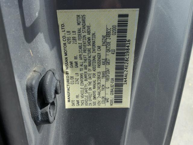 1N4AL24E28C198416 - 2008 NISSAN ALTIMA 2.5 GRAY photo 10