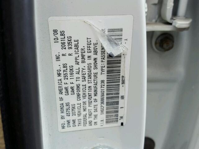 1HGCP36869A017238 - 2009 HONDA ACCORD EXL WHITE photo 10