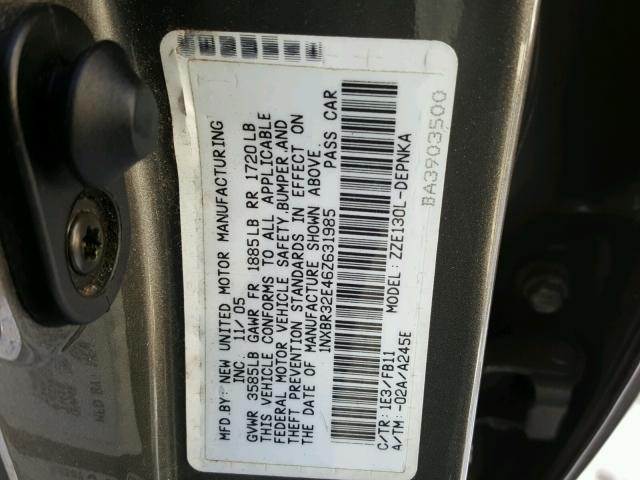 1NXBR32E46Z631985 - 2006 TOYOTA COROLLA CE GRAY photo 10