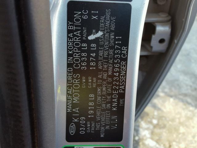 KNADE223496533711 - 2009 KIA RIO BASE SILVER photo 10