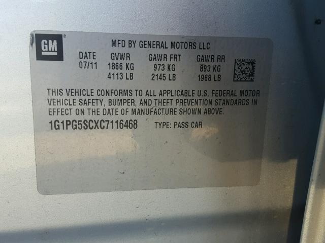 1G1PG5SCXC7116468 - 2012 CHEVROLET CRUZE LT SILVER photo 10