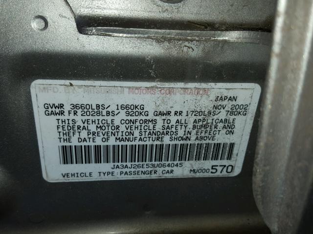 JA3AJ26E53U064045 - 2003 MITSUBISHI LANCER ES SILVER photo 10