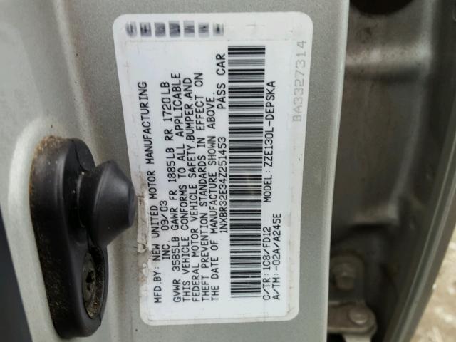 1NXBR32E34Z251453 - 2004 TOYOTA COROLLA SE SILVER photo 10