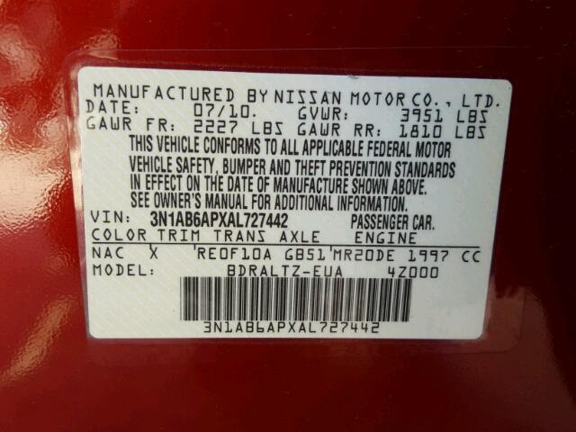 3N1AB6APXAL727442 - 2010 NISSAN SENTRA 2.0 RED photo 10