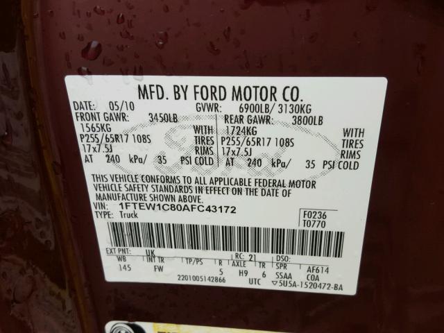 1FTEW1C80AFC43172 - 2010 FORD F150 SUPER MAROON photo 10