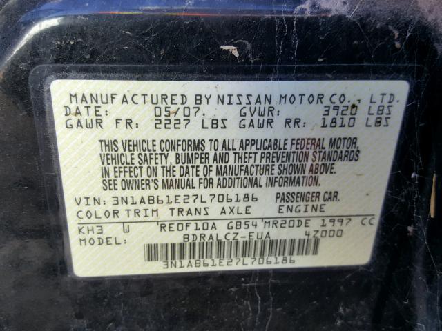 3N1AB61E27L706186 - 2007 NISSAN SENTRA 2.0 BLACK photo 10