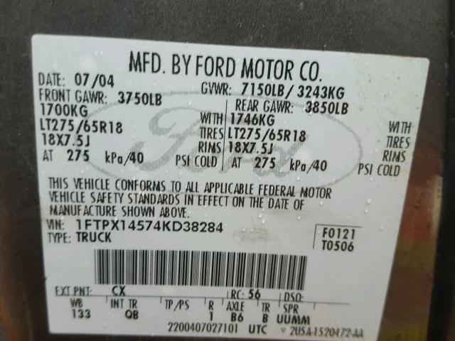 1FTPX14574KD38284 - 2004 FORD F150 GRAY photo 10