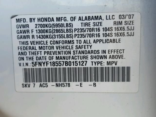 5FNYF18557B015127 - 2007 HONDA PILOT EXL WHITE photo 10