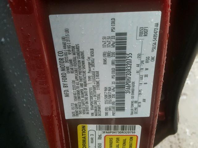 3FA6P0H73DR320755 - 2013 FORD FUSION SE RED photo 10