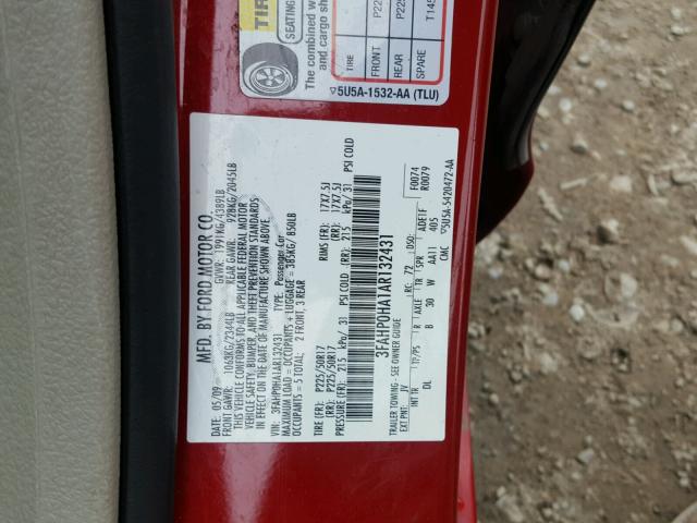 3FAHP0HA1AR132431 - 2010 FORD FUSION SE RED photo 10