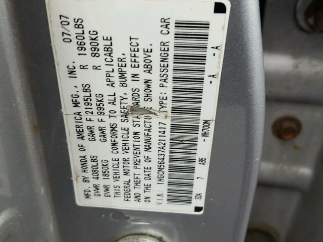 1HGCM56437A211417 - 2007 HONDA ACCORD LX GRAY photo 10