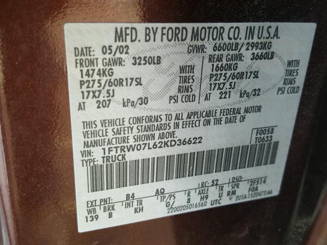 1FTRW07L62KD36622 - 2002 FORD F150 SUPER TWO TONE photo 10