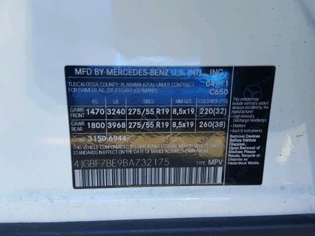 4JGBF7BE9BA732175 - 2011 MERCEDES-BENZ GL 450 4MA WHITE photo 10