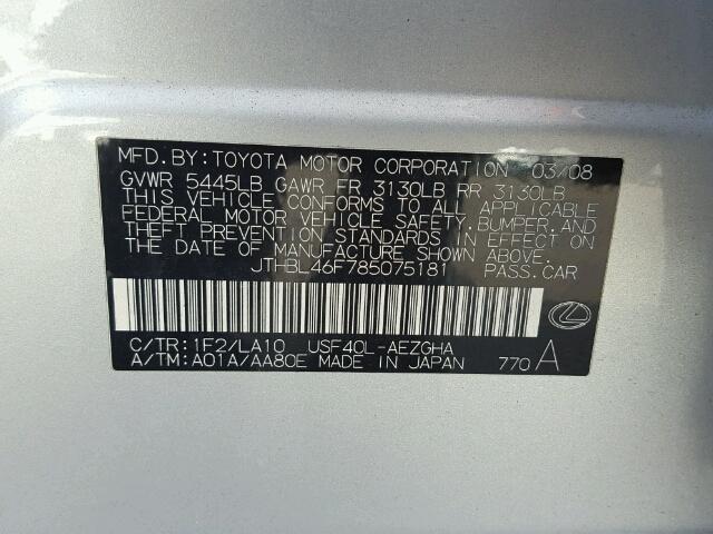 JTHBL46F785075181 - 2008 LEXUS LS 460 SILVER photo 10