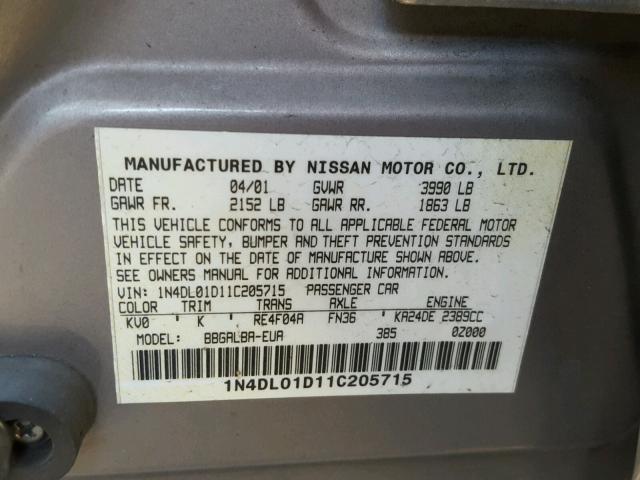 1N4DL01D11C205715 - 2001 NISSAN ALTIMA XE SILVER photo 10