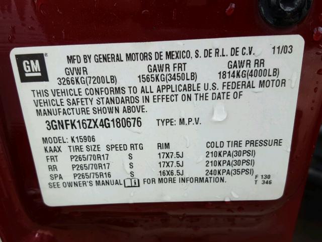 3GNFK16ZX4G180676 - 2004 CHEVROLET SUBURBAN K MAROON photo 10