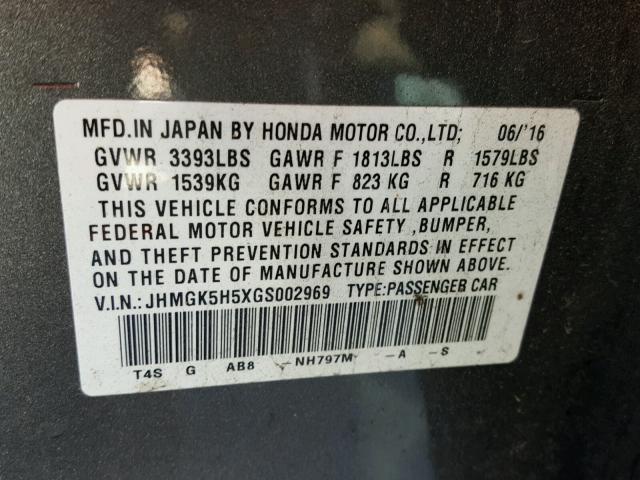 JHMGK5H5XGS002969 - 2016 HONDA FIT LX GRAY photo 10