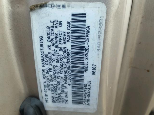 4T1BG22K8WU839857 - 1998 TOYOTA CAMRY CE SILVER photo 10