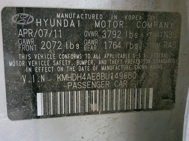 KMHDH4AE8BU149680 - 2011 HYUNDAI ELANTRA GL SILVER photo 10