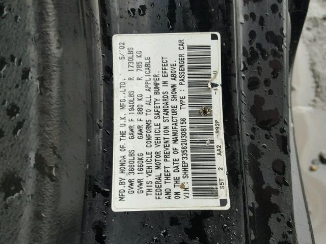 SHHEP33562U308156 - 2002 HONDA CIVIC SI BLACK photo 10