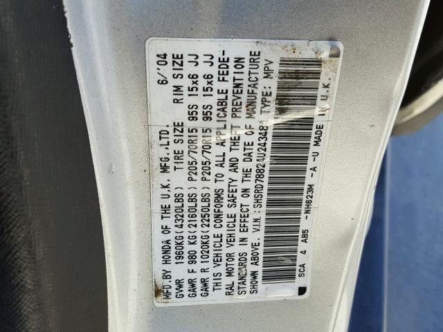 SHSRD78824U243484 - 2004 HONDA CR-V EX SILVER photo 10