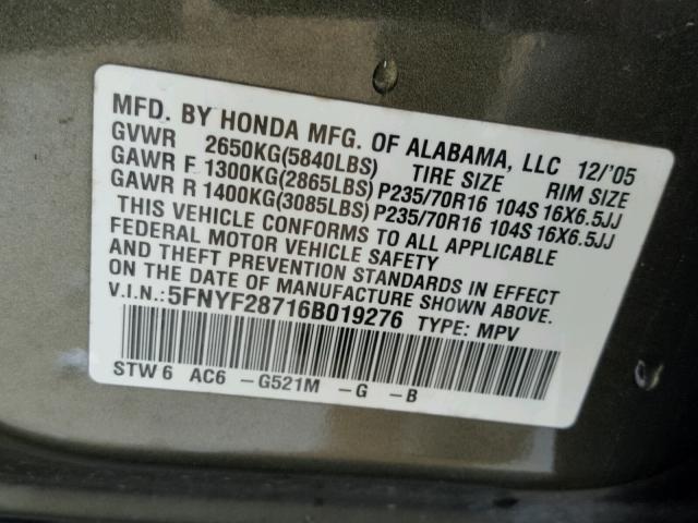 5FNYF28716B019276 - 2006 HONDA PILOT EX GREEN photo 10